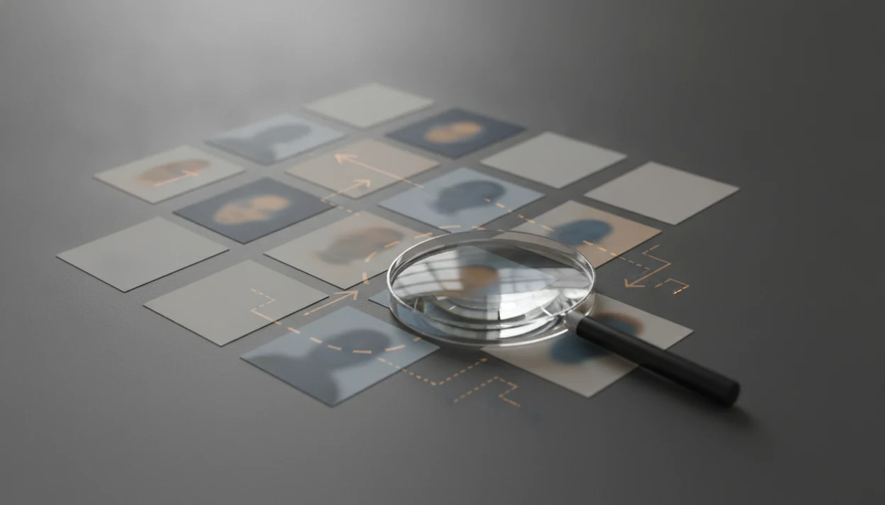 A magnifying glass distorts blurred photo cards in an incomplete grid, suggesting uncertain face search results.