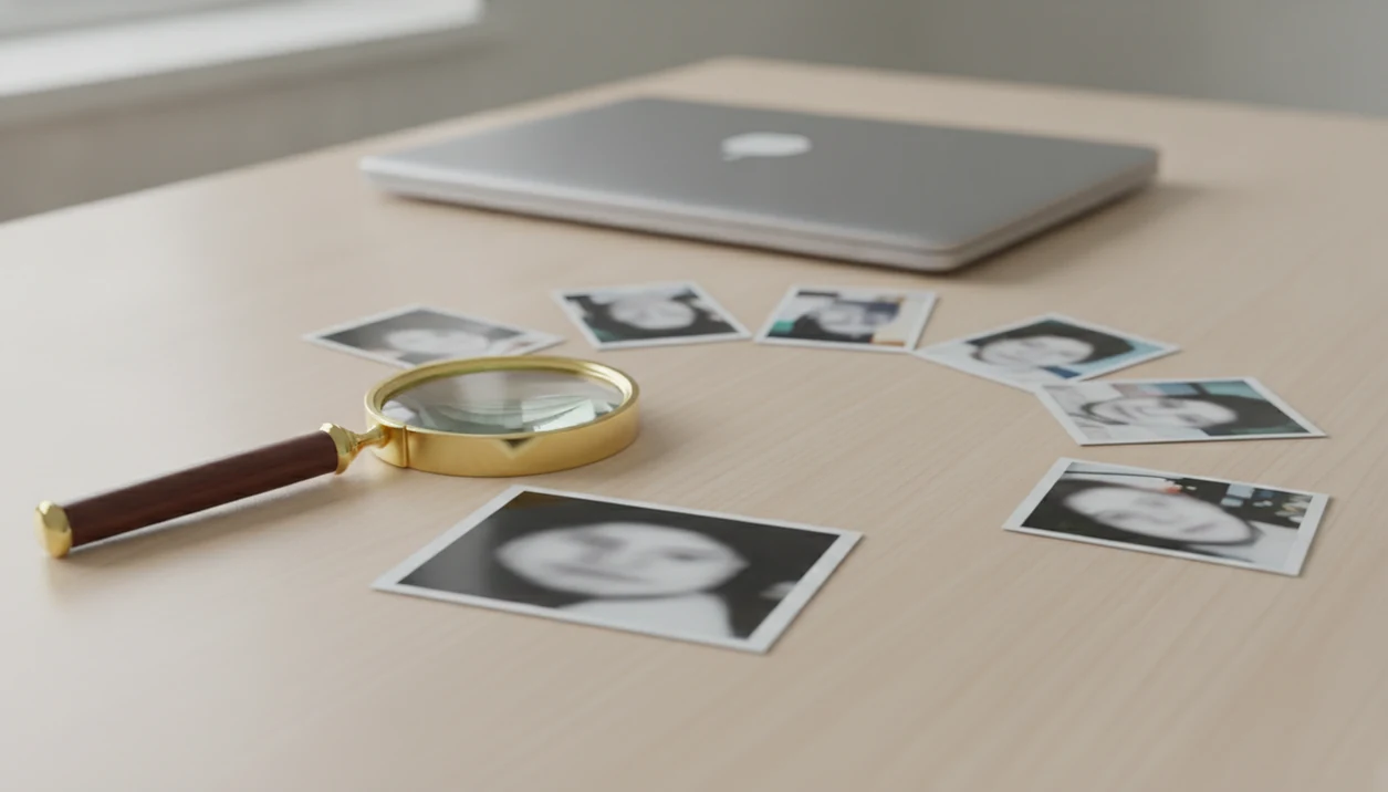 A desk with a magnifying glass, blurred photo printouts, and a laptop suggesting cautious photo verification.