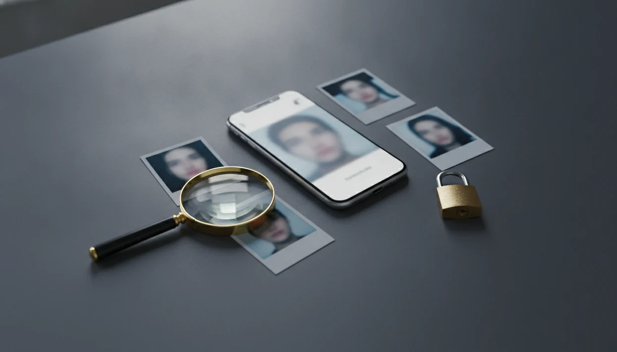 A phone, photo snapshots, magnifying loupe, and privacy lock suggest checking dating photos safely.