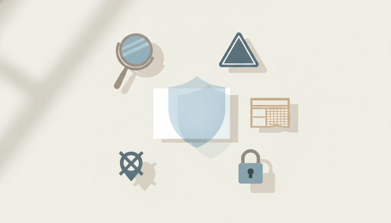 A symbolic privacy shield covers a face-down photo card surrounded by consent and safety icons.