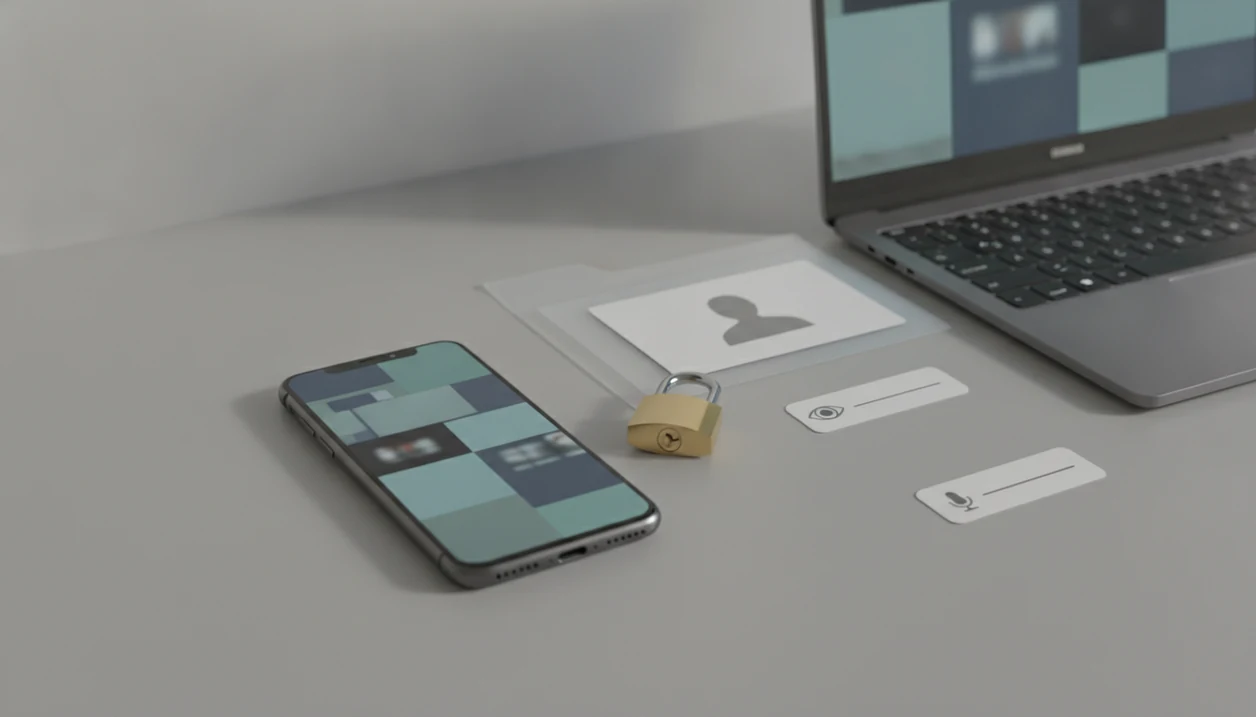 A phone, laptop, padlock, and face-photo card arranged to suggest safe face search app downloads.
