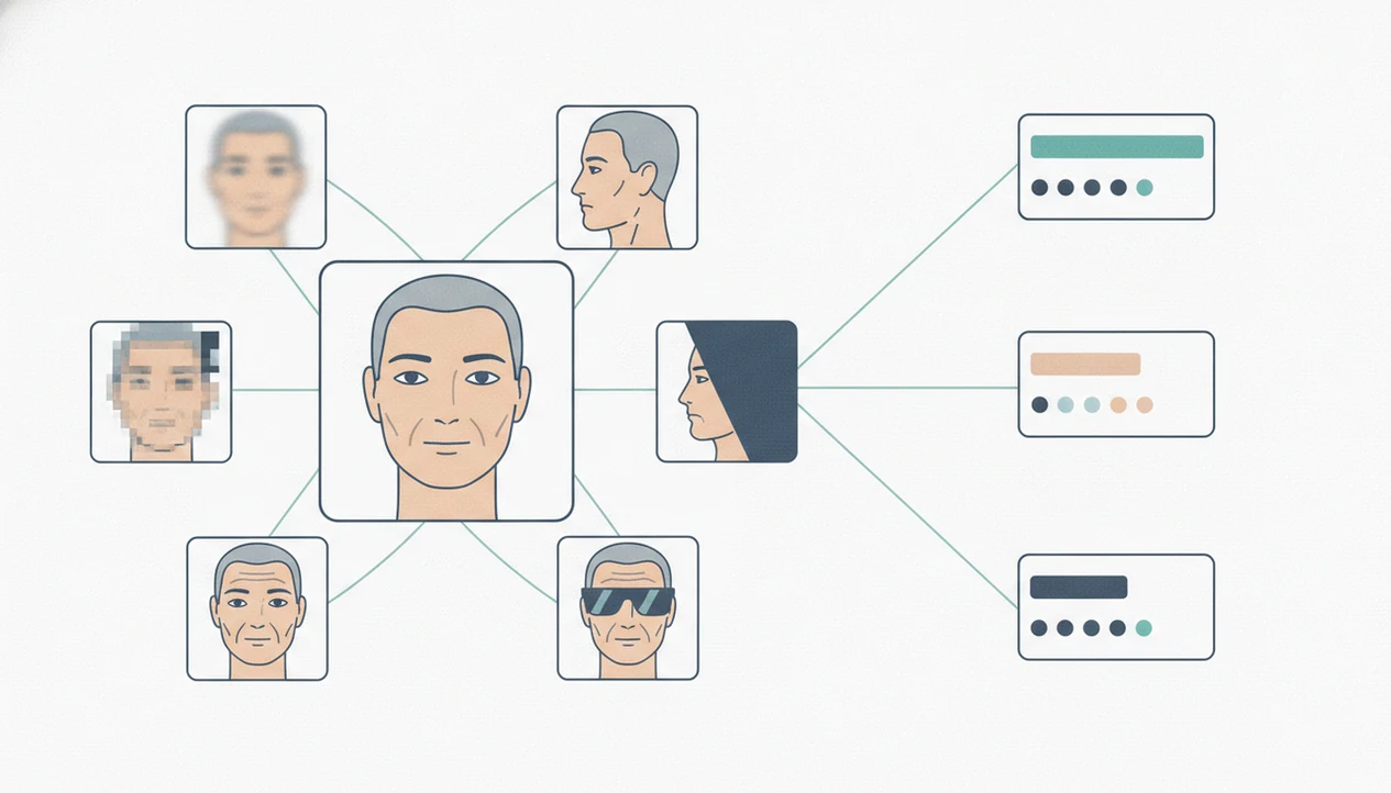 An illustration shows face image variations connected to ranked match cards, suggesting accuracy factors.