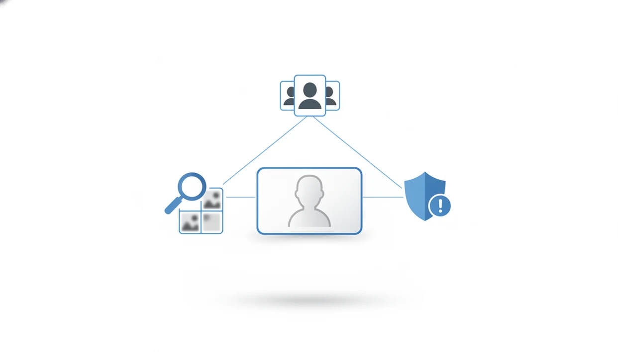 An anonymized face photo connects to multiple visual search and verification paths.