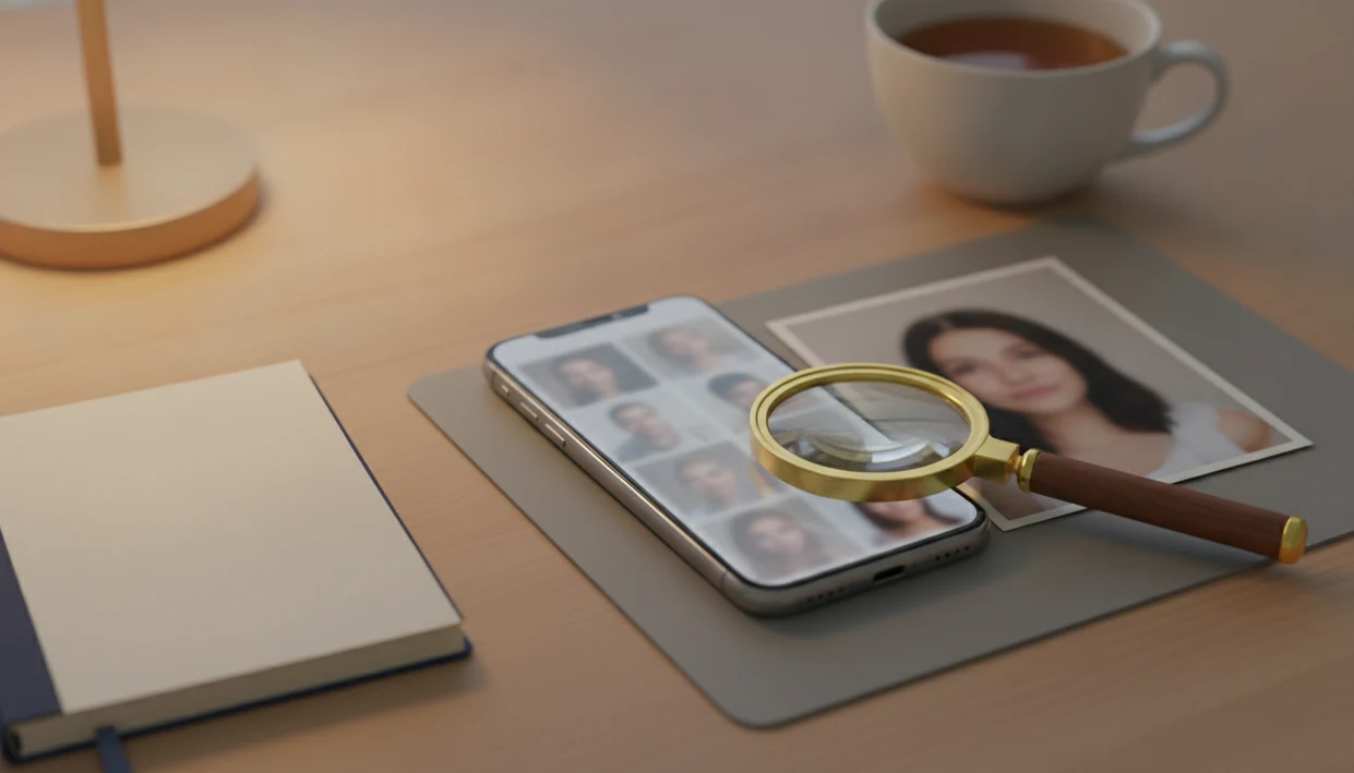 A phone, magnifying glass, and blurred profile photo suggest checking a dating match safely.