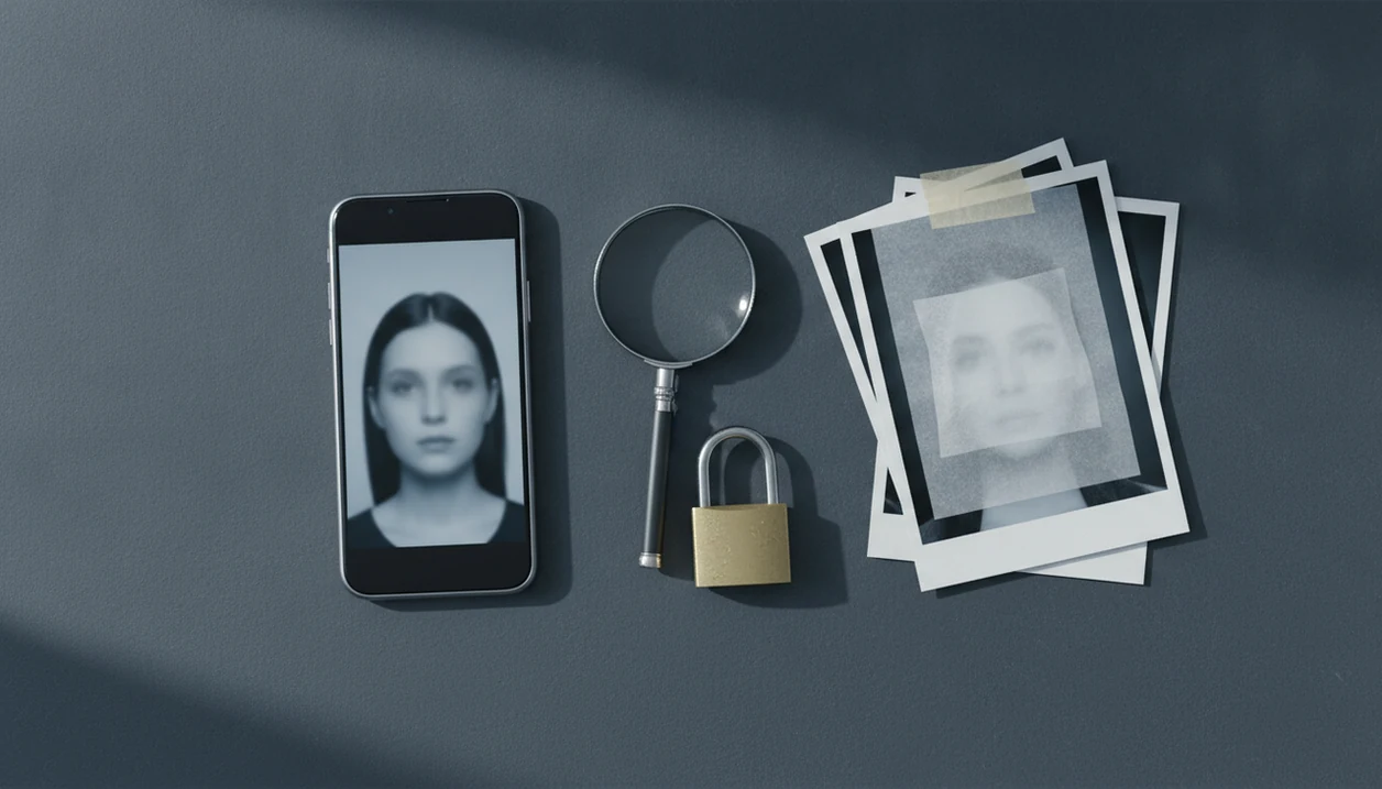A smartphone, magnifying glass, padlock, and anonymized photos suggest cautious iPhone face search checks.