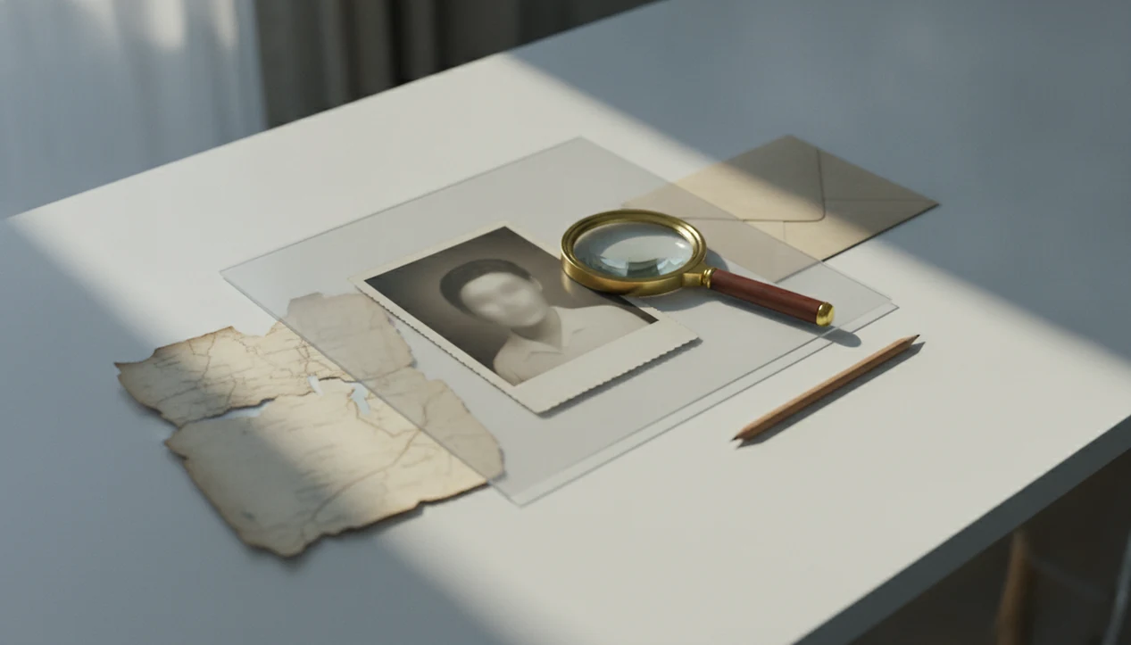 A blurred portrait photo under frosted acrylic with a magnifying glass and neutral public clue objects on a desk.