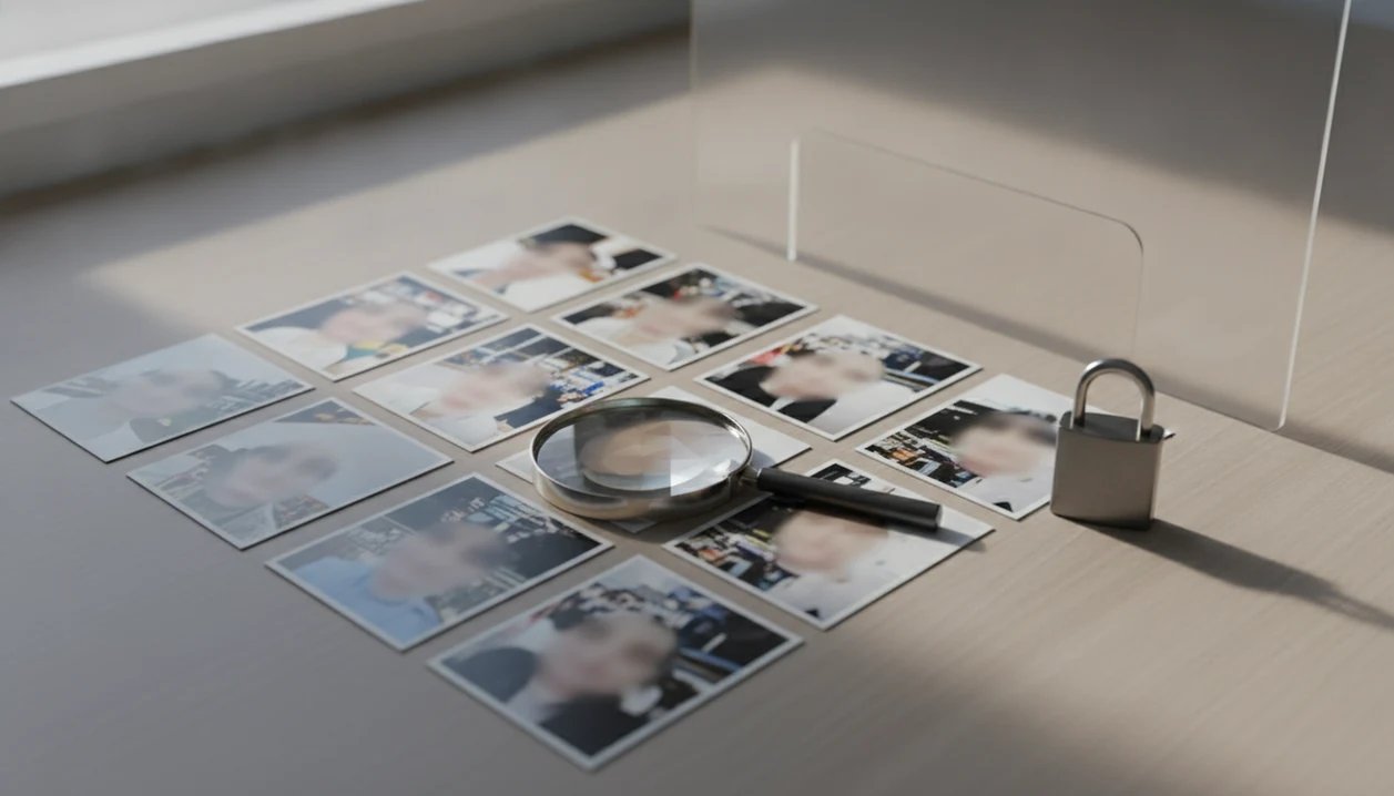 A magnifying glass examines anonymous public photo cards beside a small padlock on a neutral desk.