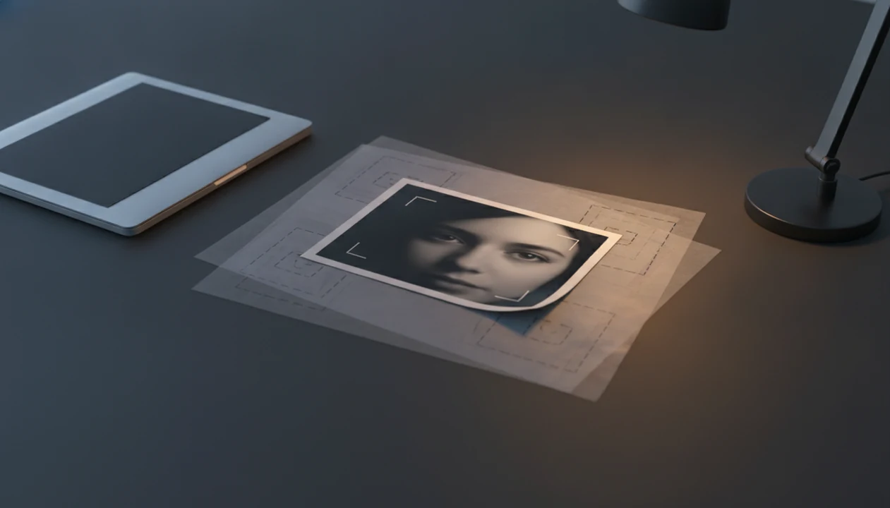 A face photo and abstract search markings on a desk suggest cautious reverse face searching.