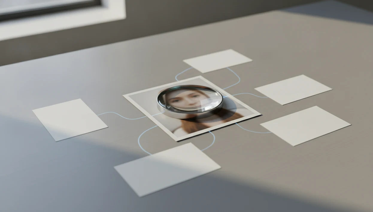 A magnifying glass rests on an anonymous portrait photo with subtle connection lines around it.