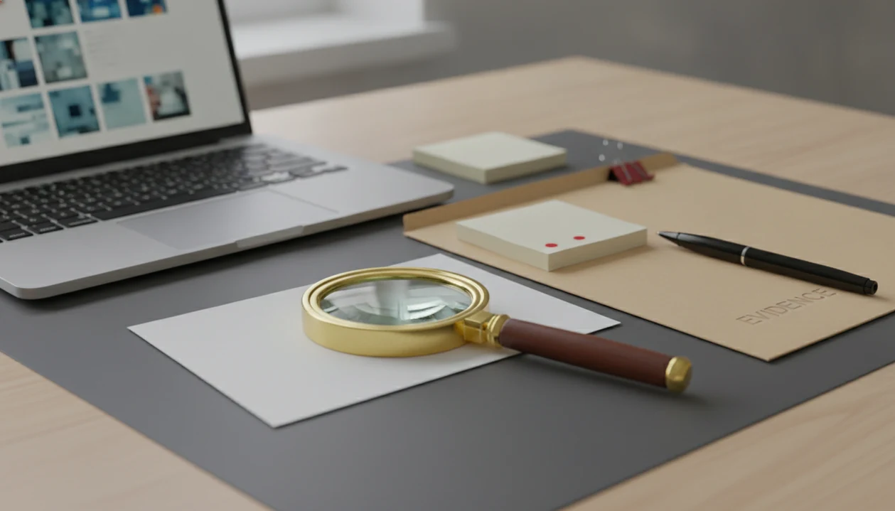 A desk setup for checking a suspicious dating photo with a laptop, magnifying glass, and evidence folder.