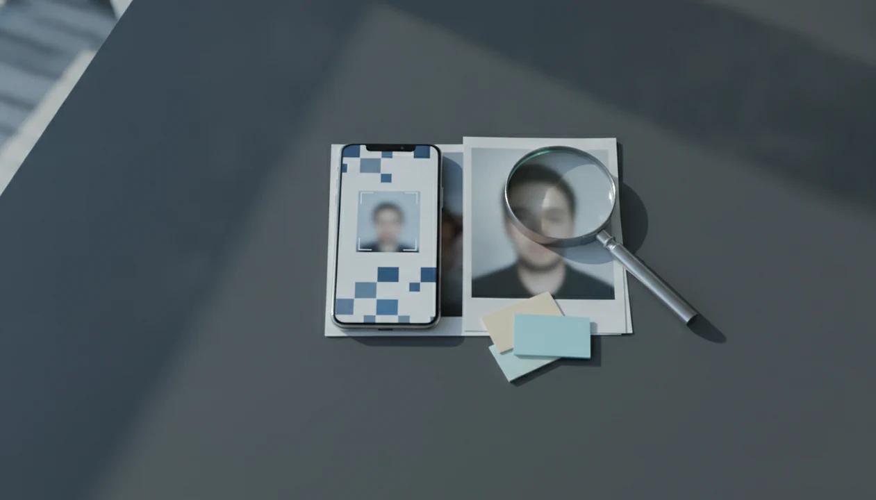 A smartphone, magnifying glass, and blurred photo crop arranged for checking a suspicious image on iPhone.