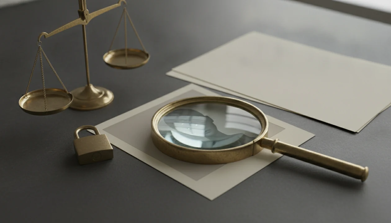 A magnifying glass, legal scales, and a lock sit beside a blurred anonymous face photo on a desk.