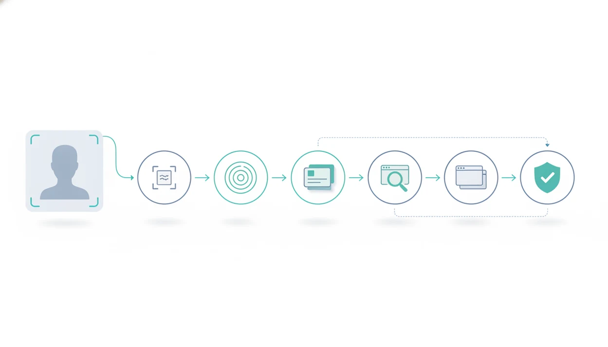 A visual timeline shows a face photo moving through matching, source review, and a safe decision.