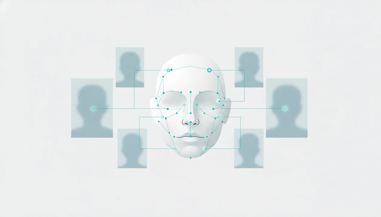 A central faceprint connects to blurred public photo cards in a clean reverse face search concept image.