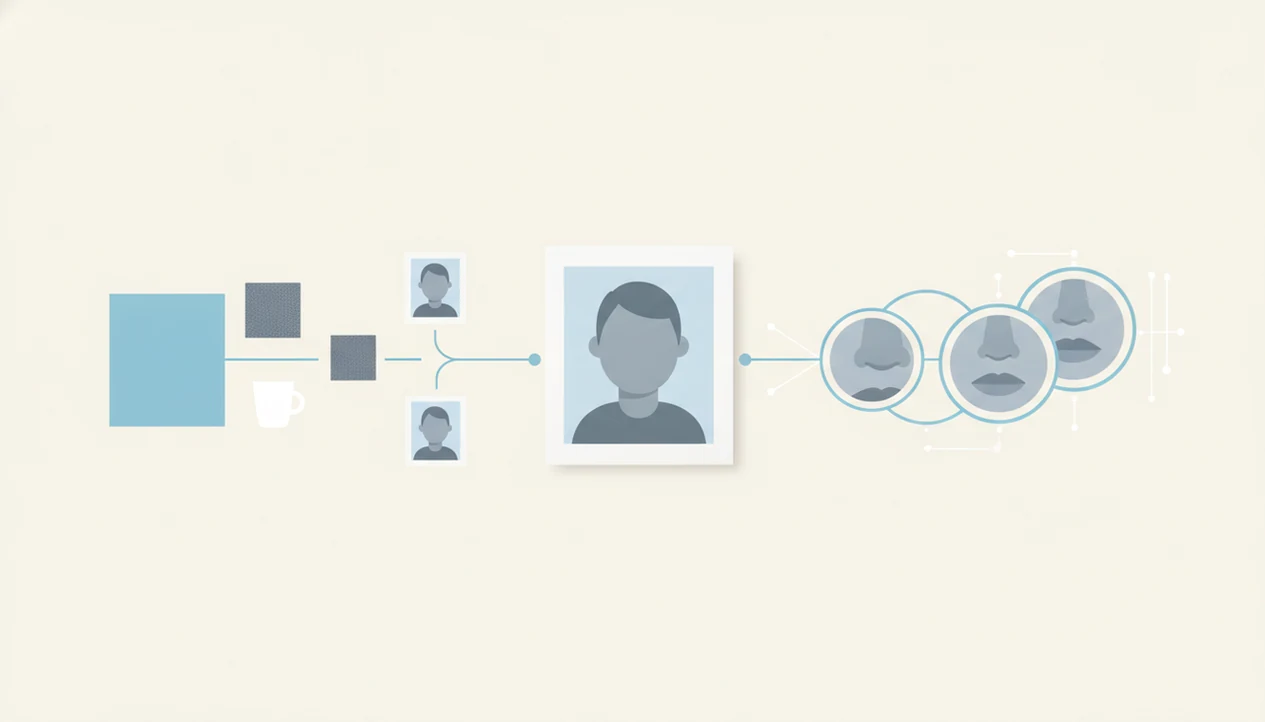 An illustration shows one portrait photo branching into whole-image clues and face-focused matching paths.