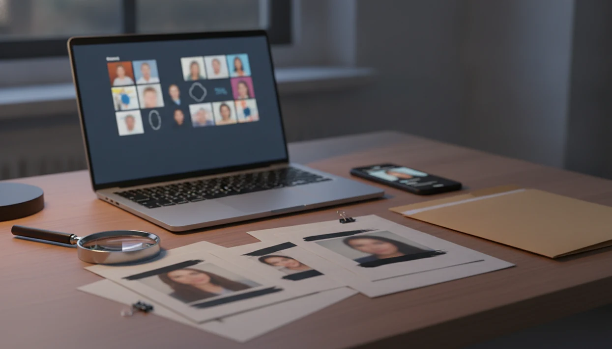 A desk setup shows blurred profile photos, a phone, and search results arranged for scam evidence review.