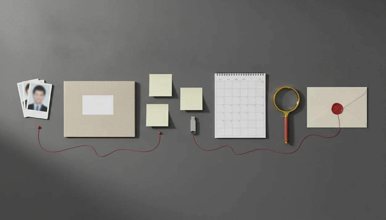 A desk flat lay shows blurred photo cards, evidence tools, and red thread arranged as a scam check timeline.