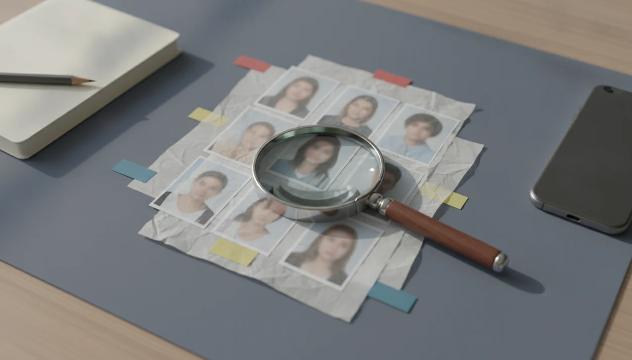 A desk setup shows blurred profile photos, a magnifying glass, and evidence tabs for cautious photo checking.