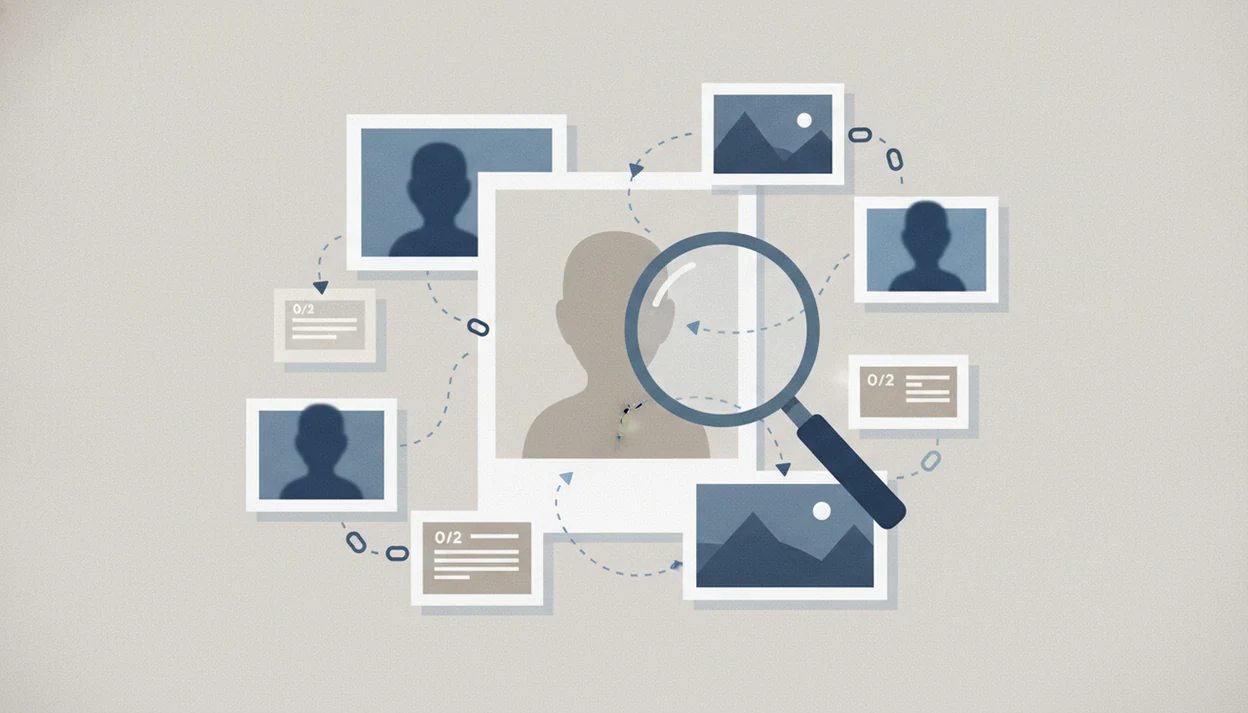 An anonymized face photo is compared with public image clues in a calm visual search workflow.