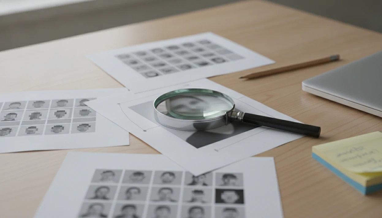 A blurred profile photo is examined with a magnifying glass among public image printouts on a desk.
