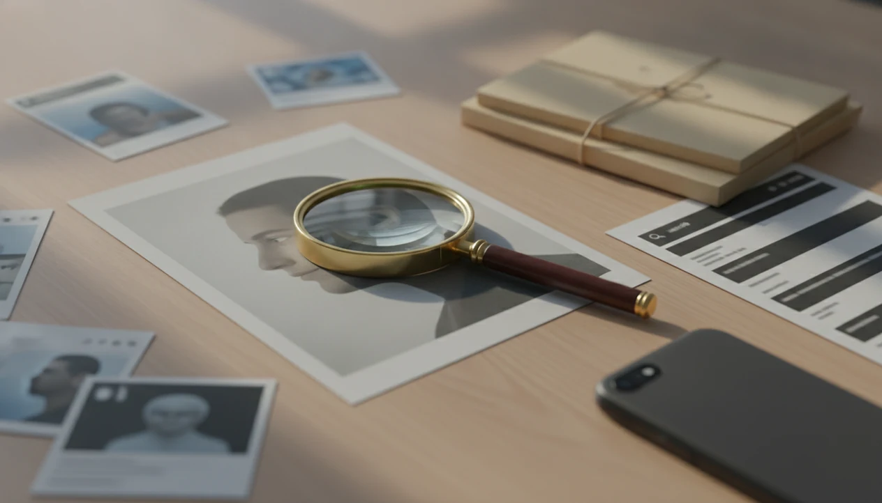 A desk setup shows duplicated profile photos, redacted screenshots, and a magnifying glass for checking image misuse.